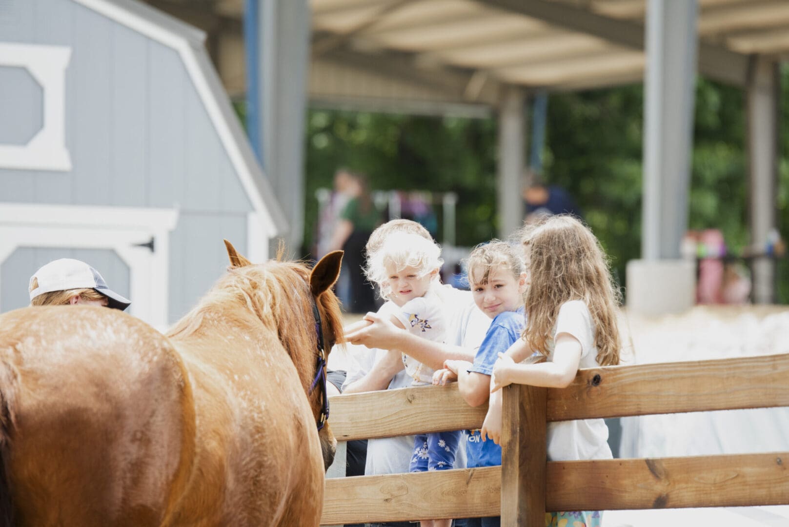 Children petting a horse by a fence.